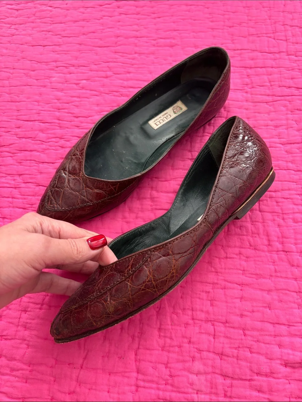 Gucci Brown Crocodile skin Pointed Flats, US8